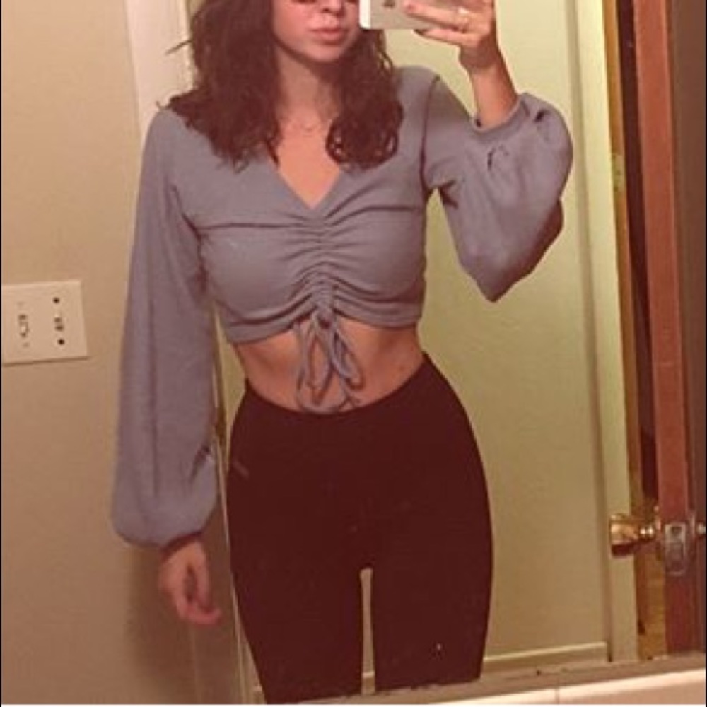 Blue ZAFUL Long Sleeve Knitted Knot Front Crop Top